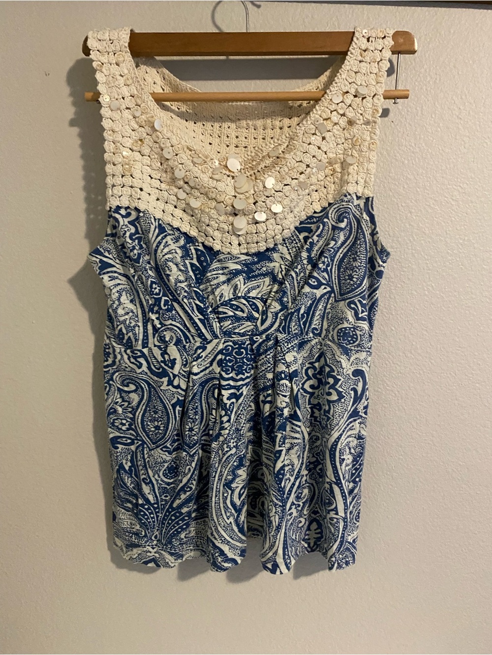 Deletta by anthropology cream  Crochet Yoke Tank with Blue Paisley Body